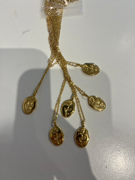 Gold Oval Pendant with Rose Print Necklace