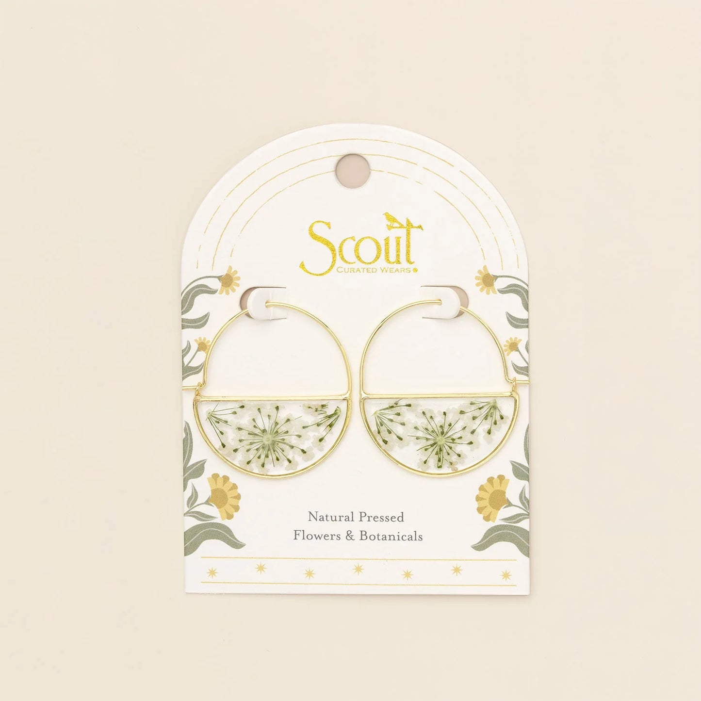 Pressed Flower Hoop Earring White Lace Flower/Gold