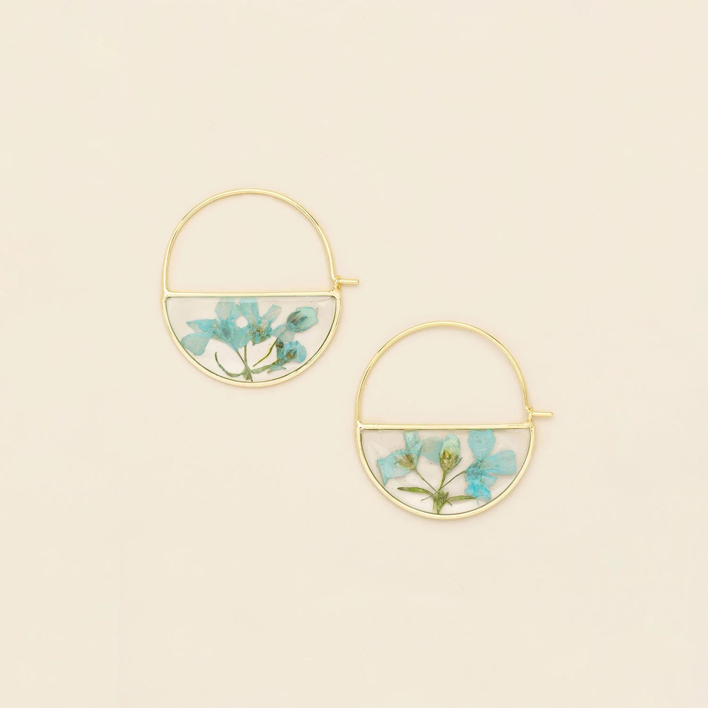 Pressed Flower Hoop Earring Blue Baby's Breath/Gold