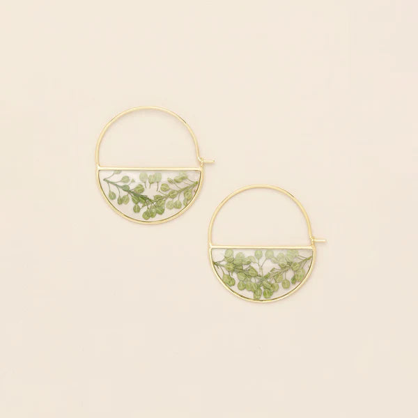 Pressed Flower Hoop Earring Green Peppergrass/Gold