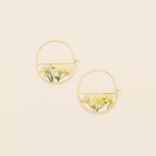 Pressed Flower Hoop Earring Yellow Baby'S Breath/Gold