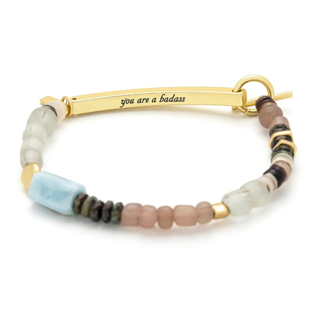 Hidden Message Bracelet - Larimar/Gold Stone Of Wisdom "Badass"