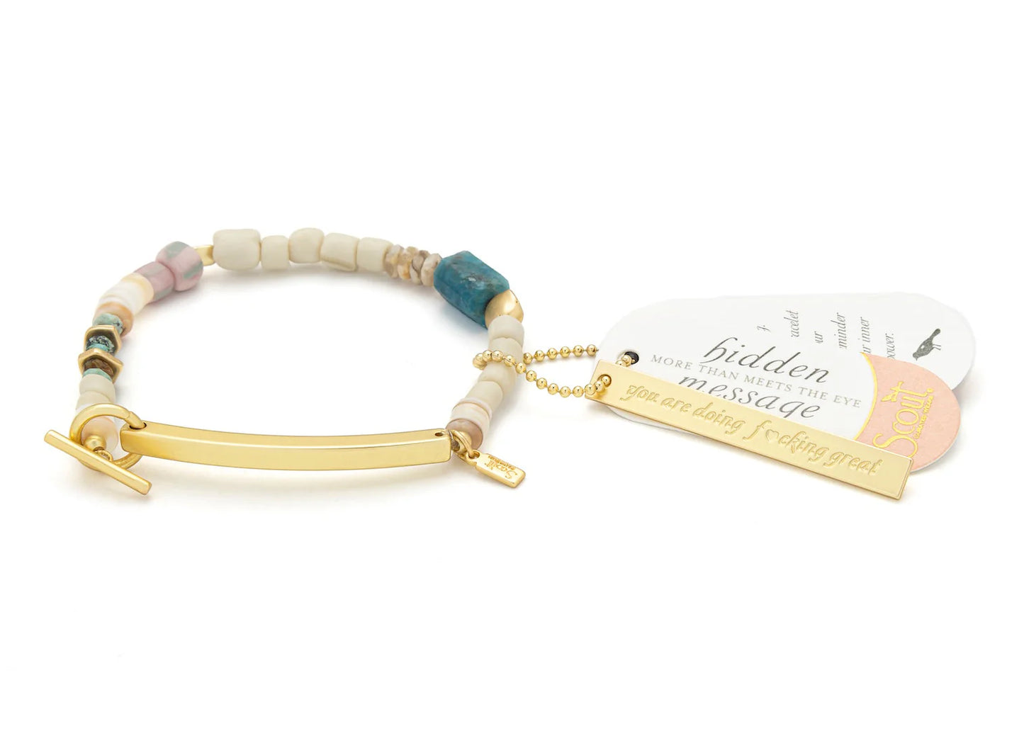 Hidden Message Bracelet - Blue Apatite/Gold Stone Of Inspiration "Doing Fucking Great"