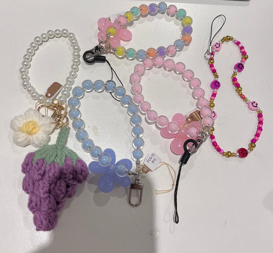 furry pompom/flwr/pom with bunny ears keychain OR beaded some with grape/flower crochet