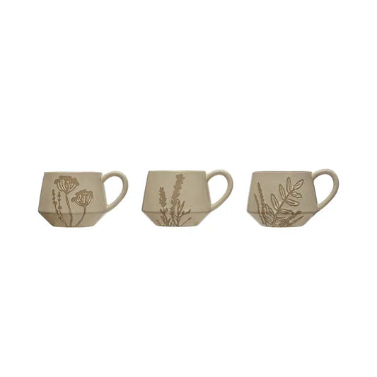 Matte White Stoneware Mug w/ Wax Relief Botanical Image, Reactive Glaze