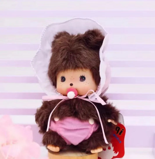 Monchhichi Brown Hair Pink Bonnet with Pink Pants