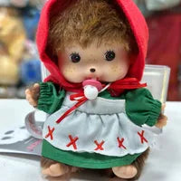 Monchhichi Brown Hair Red Hat and Green Dress