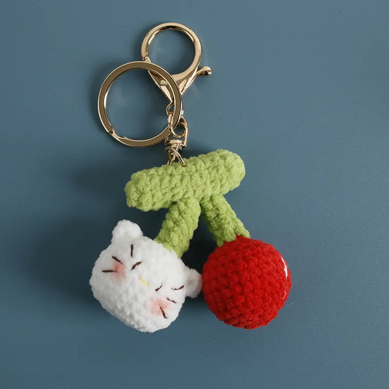 Cherry & White Cat Crochet Keychain