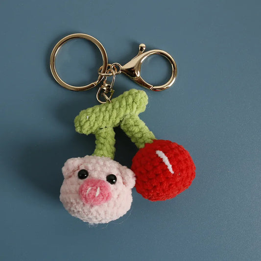 Cherry & Pig Crochet Keychain