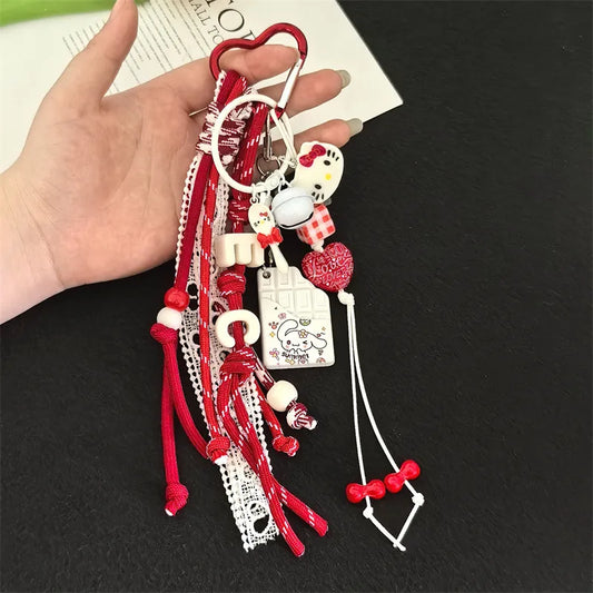 Red Rope with Hello Kitty Cinnamonroll Heart Carabiner Bag Charm