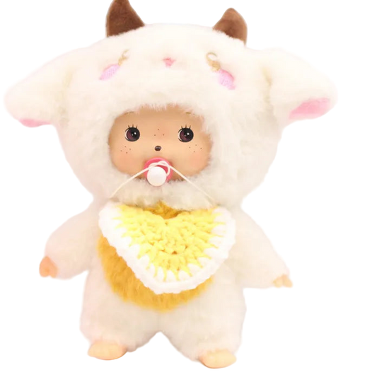 Monchhichi White Cinnamonroll with Brown Horn, Yellow Crochet Bib