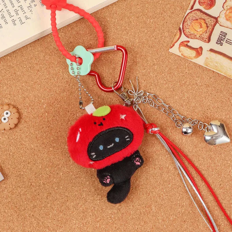 Black Cat Red Tomato Hat Red Heart Carabiner Silver Key Charm