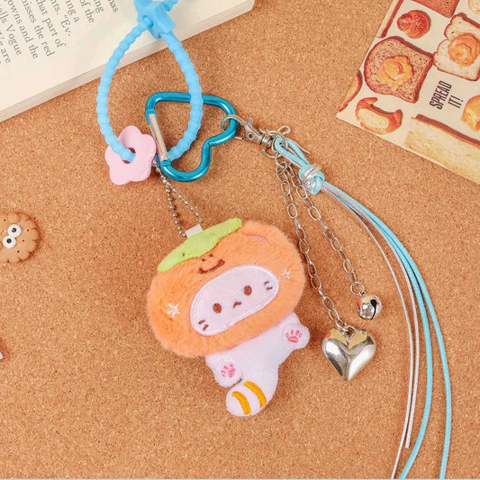 White Cat with Orange Hat Blue Heart Carabiner Silver Key Charm