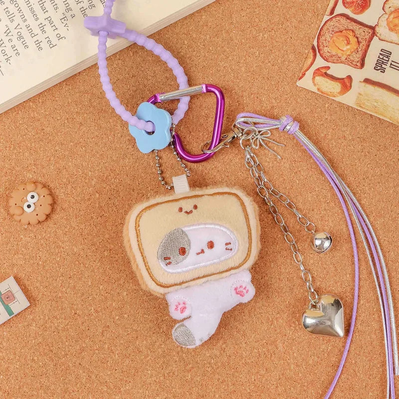 White/Grey Cat with Bread Hat Purple Star Carabiner Silver Key Charm