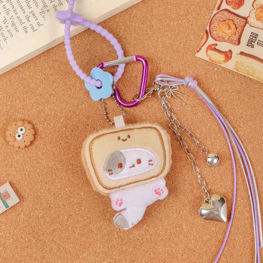White/Grey Cat with Bread Hat Purple Star Carabiner Silver Key Charm