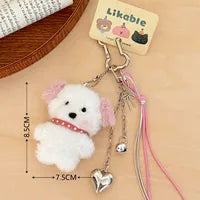Pink Dog White Ears Silver Bone Carabiner & Charms Key Ring