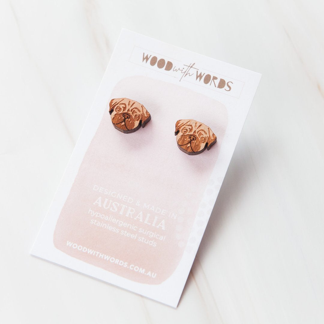 Pug Wooden Stud Earrings