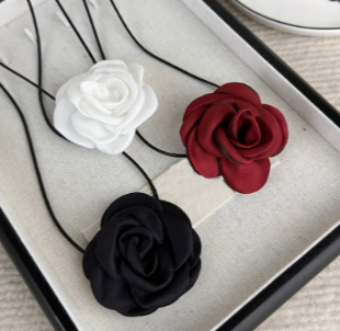 Fabric Rose Flower Choker with long tie