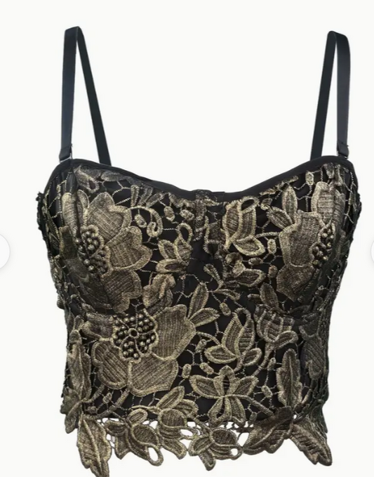 Black and Gold Bustier Floral Lace Cami
