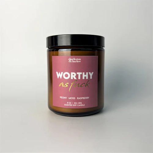 WORTHY AS FUCK 8 OZ SOY WAX CANDLE - Self Love Club - Front & Company: Gift Store