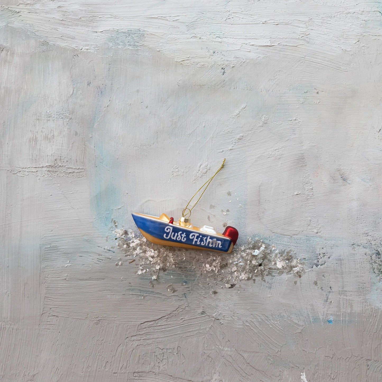 Glass Fishing Boat Ornament with Glitter