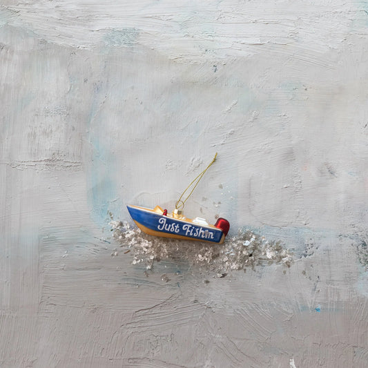 Glass Fishing Boat Ornament with Glitter