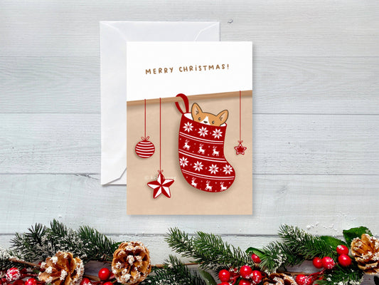 Christmas Stocking Peeking Corgi Greeting Card