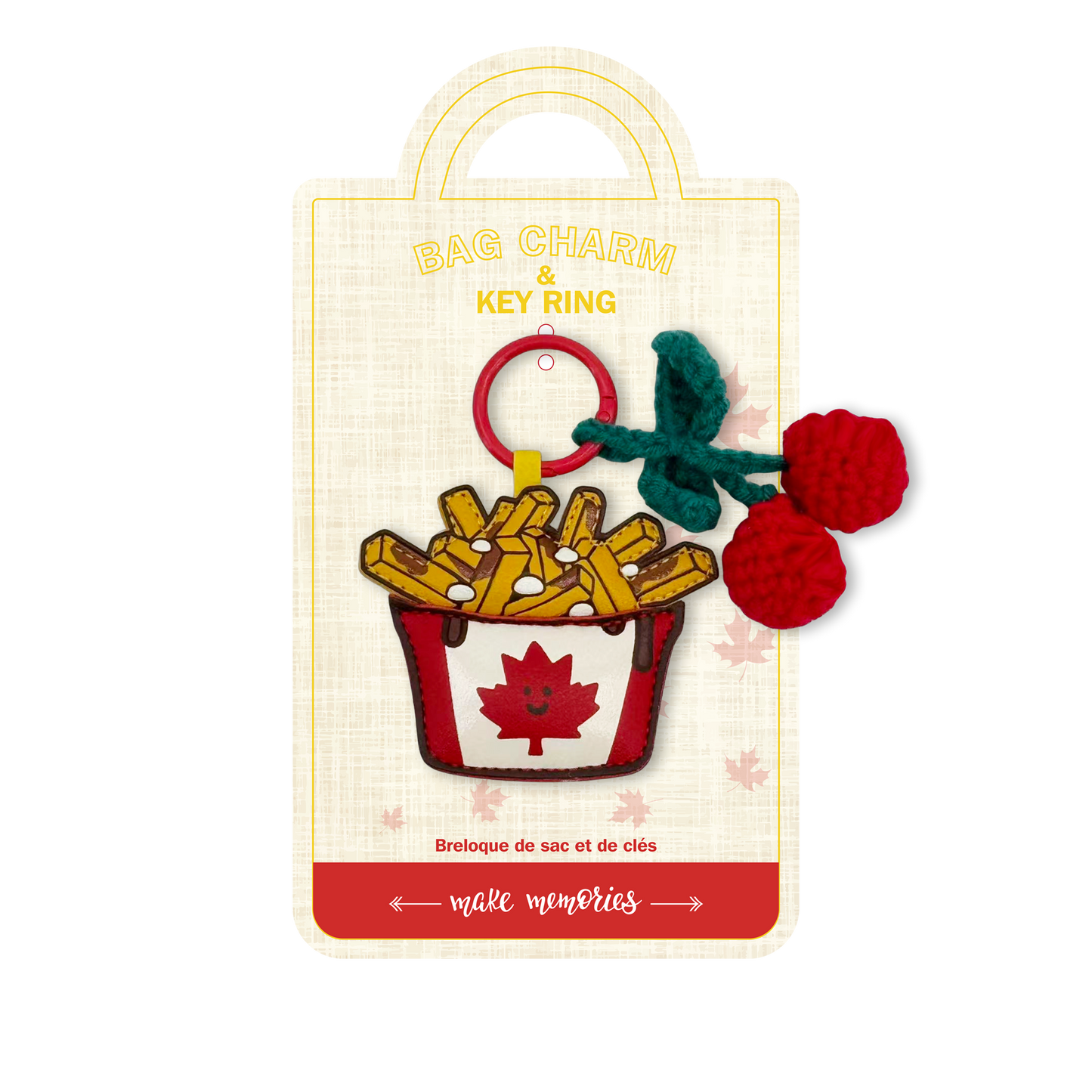 Leather Poutine Bag Charm with Crochet Cherries Canada Foodie Souvenir Gift Keychain