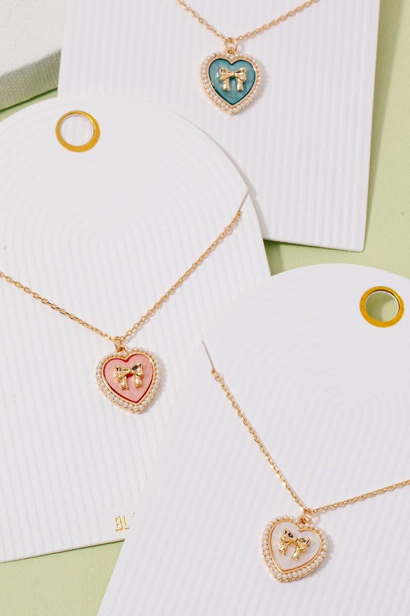 Pearl Set Heart Ribbon Bow Pendant Necklace