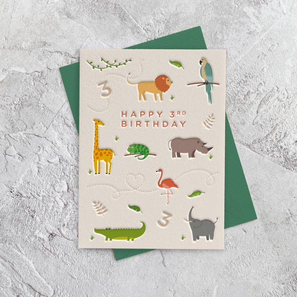 Age 3 Zoo Animals (Birthday) Letterpress Style Card