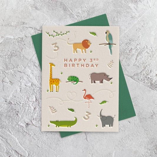 Age 3 Zoo Animals (Birthday) Letterpress Style Card