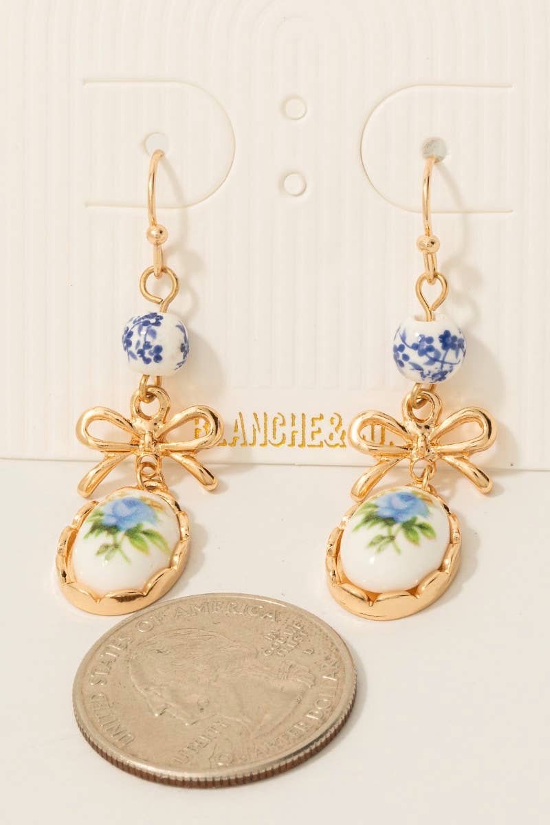Bow And Floral Ceramic Charms Dangle Earrings