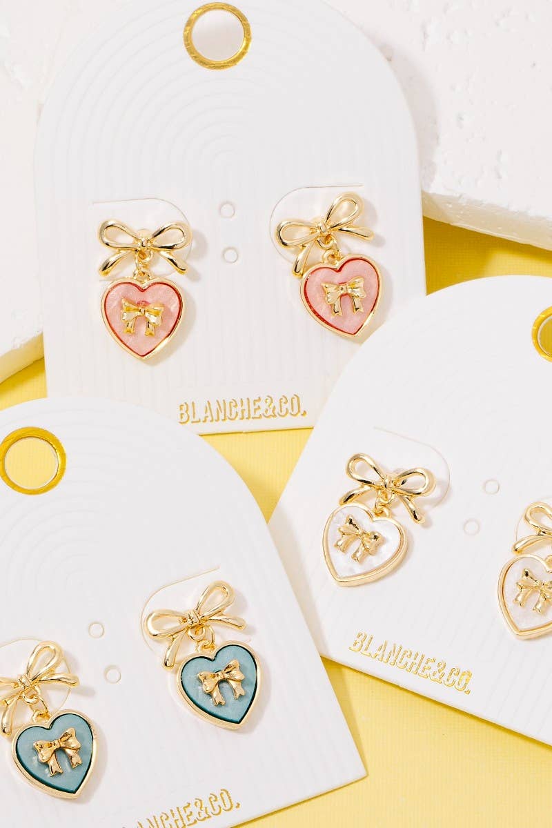 Acrylic Ribbon Bow Heart Stud Dangle Earrings
