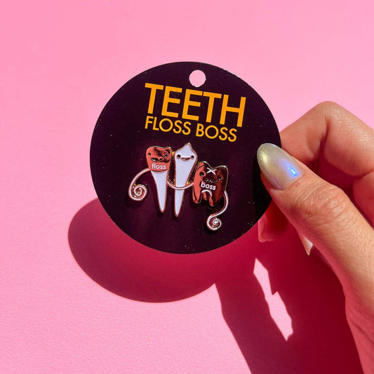 Teeth Floss Boss Enamel Pin - Dental Care, Oral Health Gift