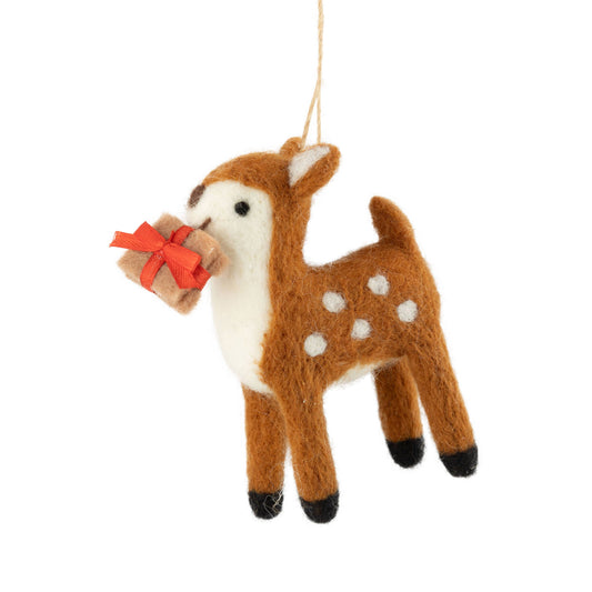 A22432:Felt reindeer orn, brown/white spots, 4.25 in
