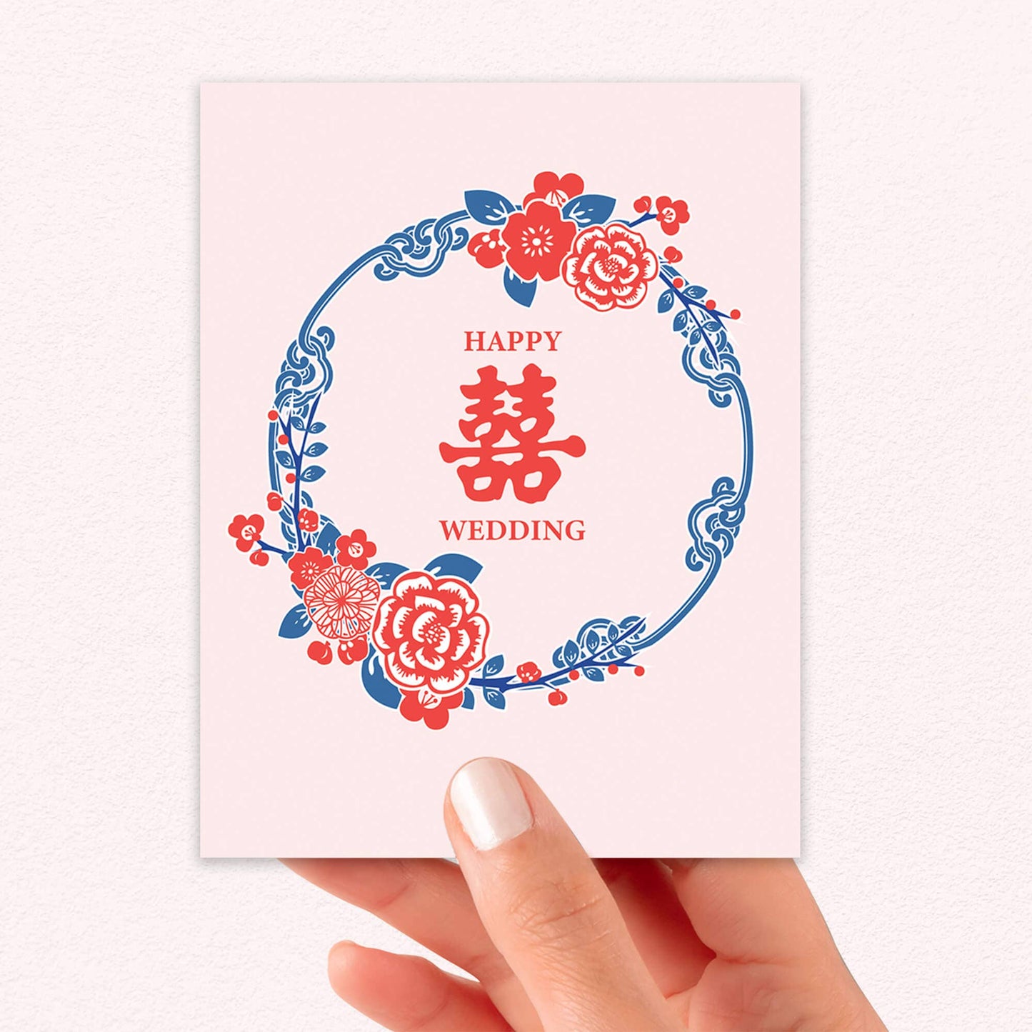 Pink Double Happiness Asian Wedding Cards | Wreath Greeting Newlyweds