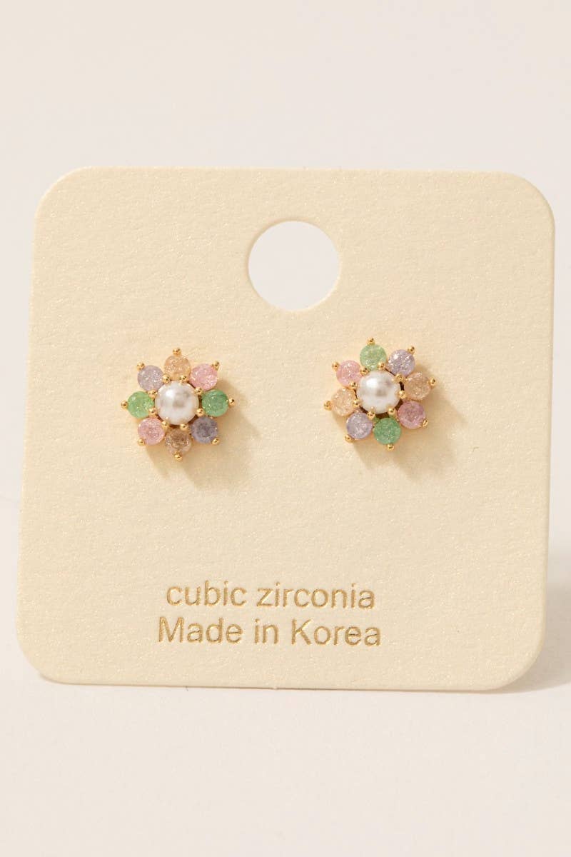 Gold Dipped Cz And Pearl Flower Stud Earrings