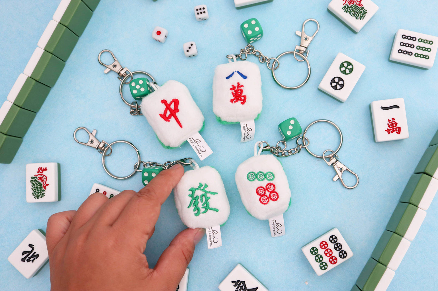 Cute Mahjong Tile Plush Keychain - Zong, Qi, Fa, and Ba Tiles