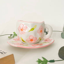 Load image into Gallery viewer, Pink flower ceramic mug and saucer, Folk hand painted mug
