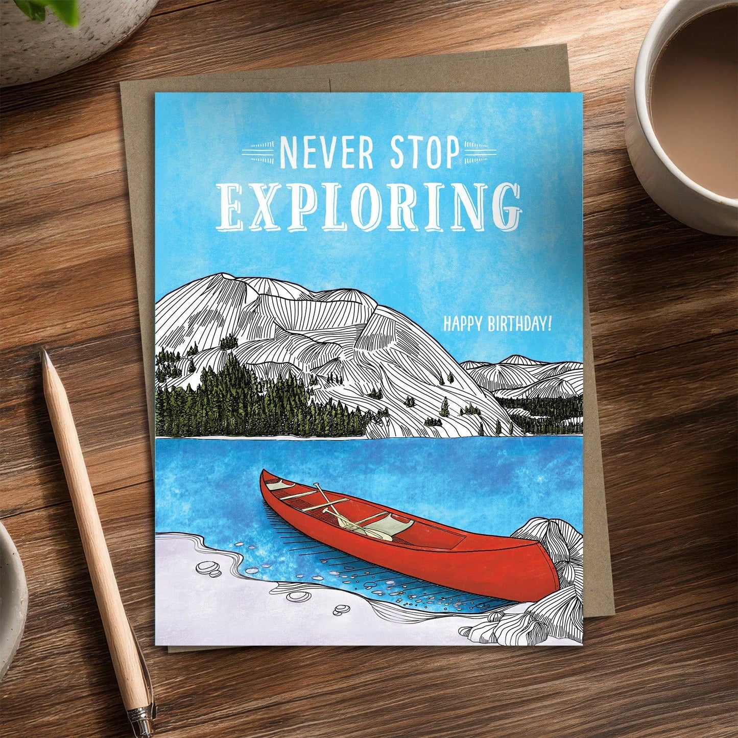 Never Stop Exploring Canoe - Recycled Birthday Card for Paddlers