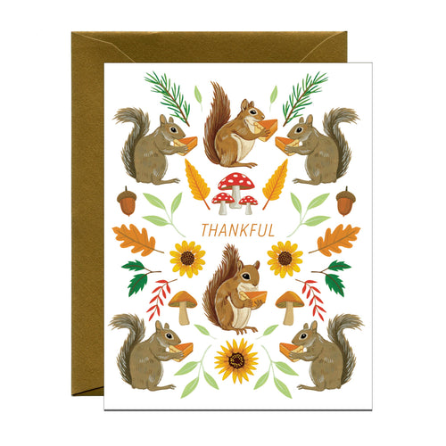 Thankful Squirrels with Pumpkin Pie Thanksgiving Card - Front & Company: Gift Store