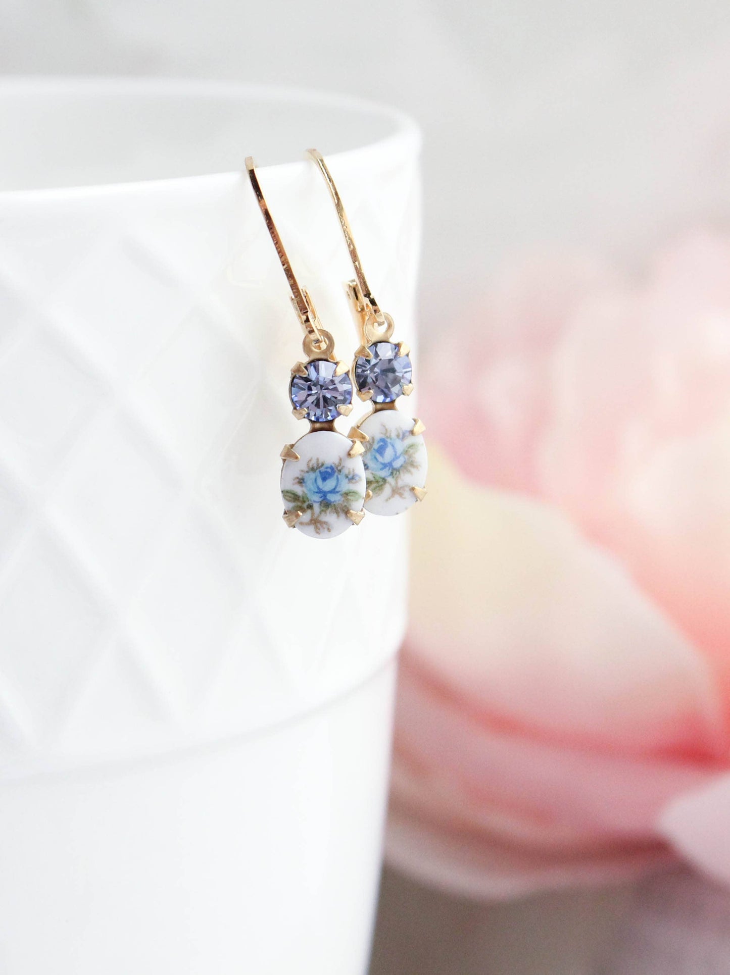 Little Blue Rose Cameo Earrings - Vintage Glass