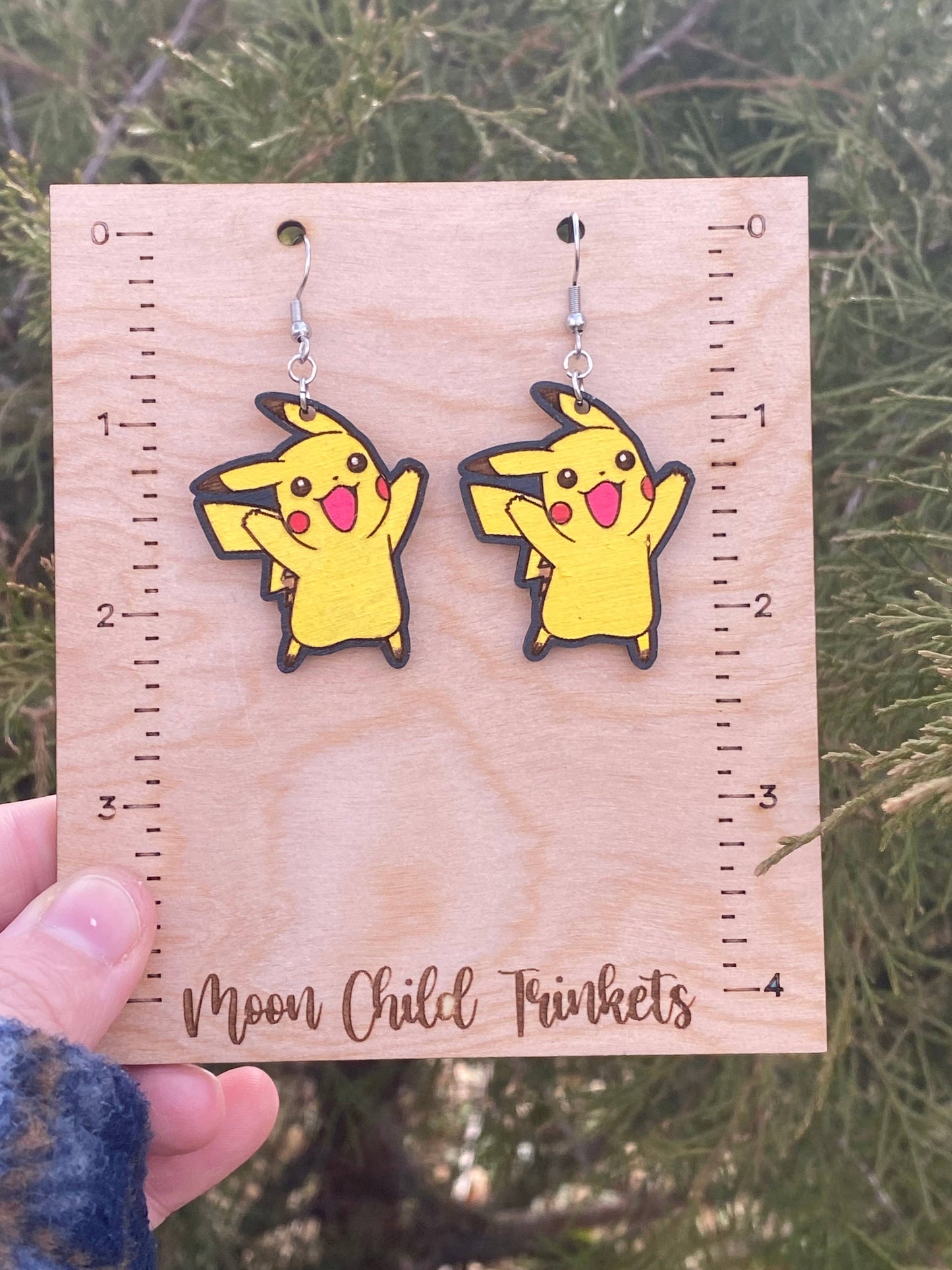 Pikachu Pokemon Hand Painted Wood Dangle Earrings