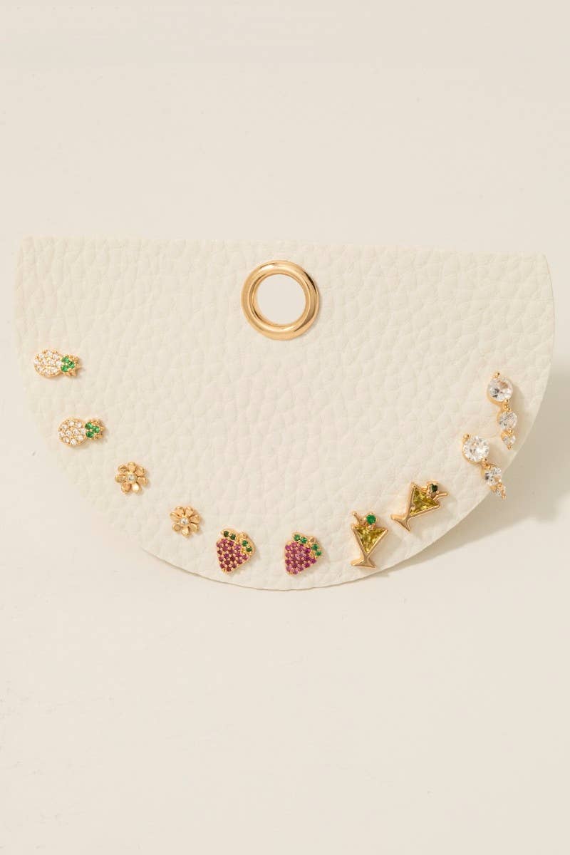 5Pc Cz Pave Fruits Flower And Martini Stud Earrings Set
