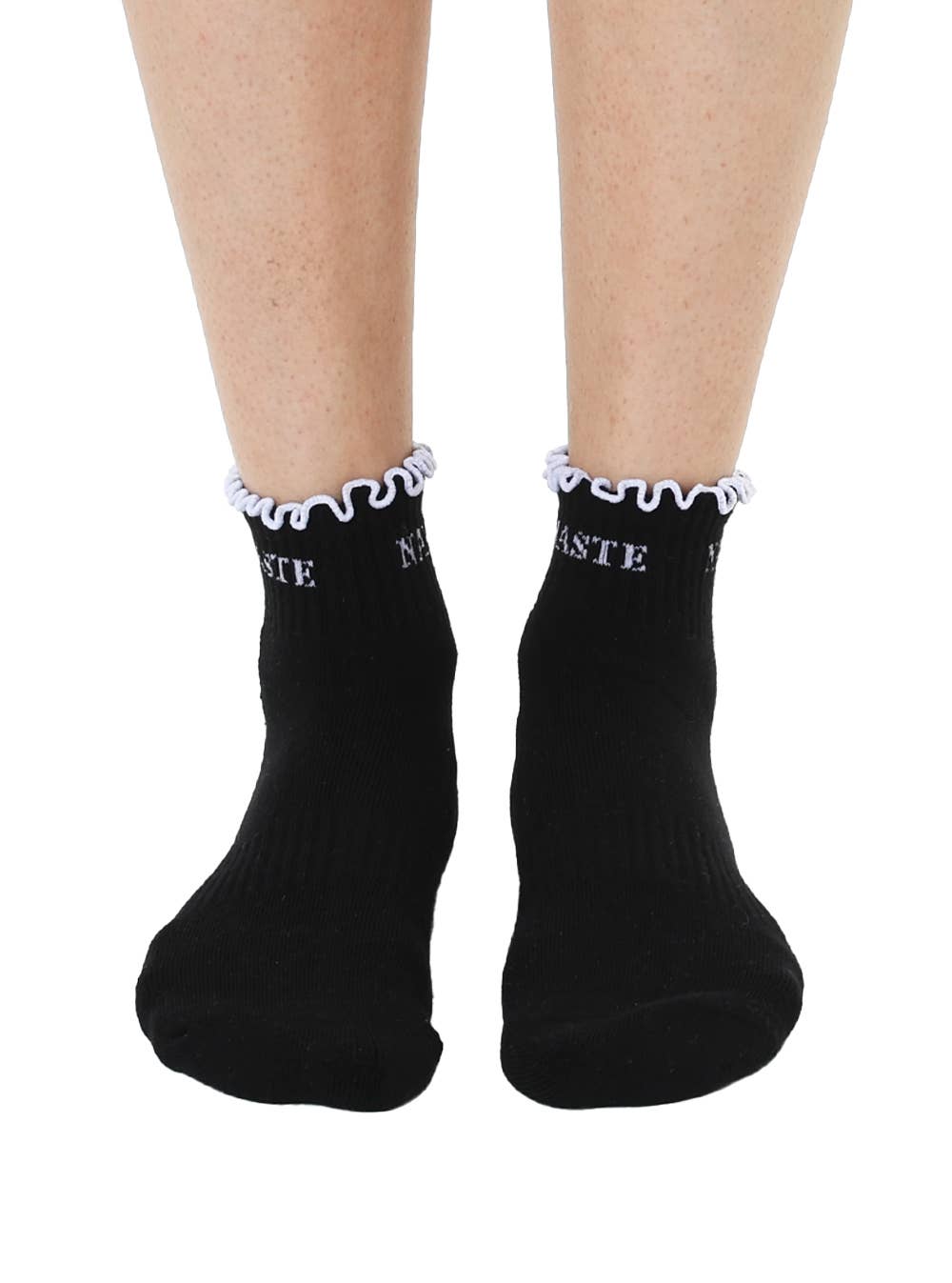 Bottom Grip Ankle Socks w/ Ruffles - "Namaste" - Black