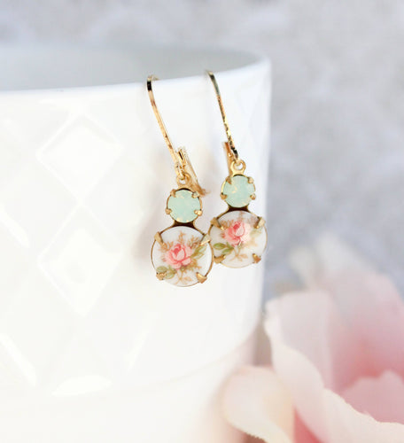 Small Drop Earrings - Vintage Glass - Pink Rose and Mint - Front & Company: Gift Store