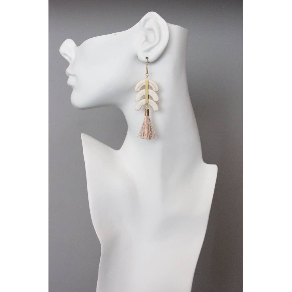 YSME27 Geometric white stone and blush tassel earrings