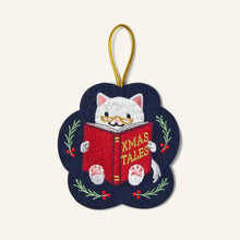 Load image into Gallery viewer, Embroidered Ornament Reading Cat Ornament
