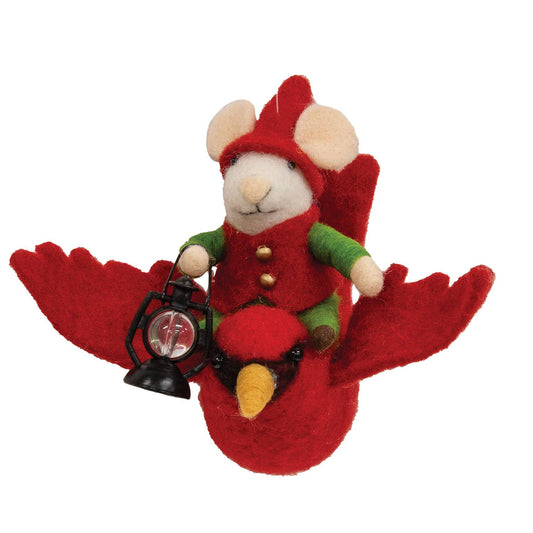 Felt Mouse Ornament:  Mouse on Flying Cardinal Felted Ornament