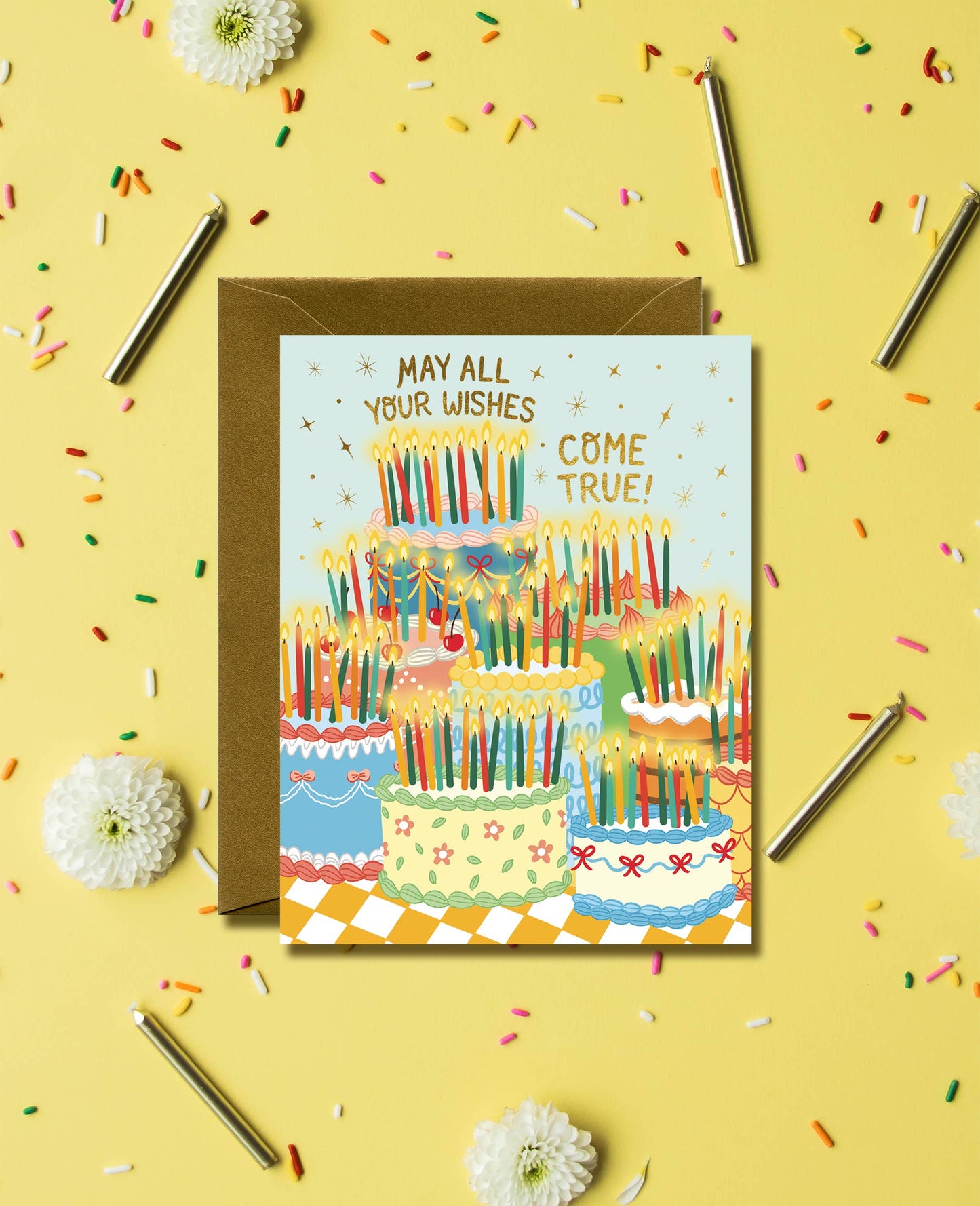 Many Wishes Retro Vintage Birthday Cakes Card *Foil Stamped*